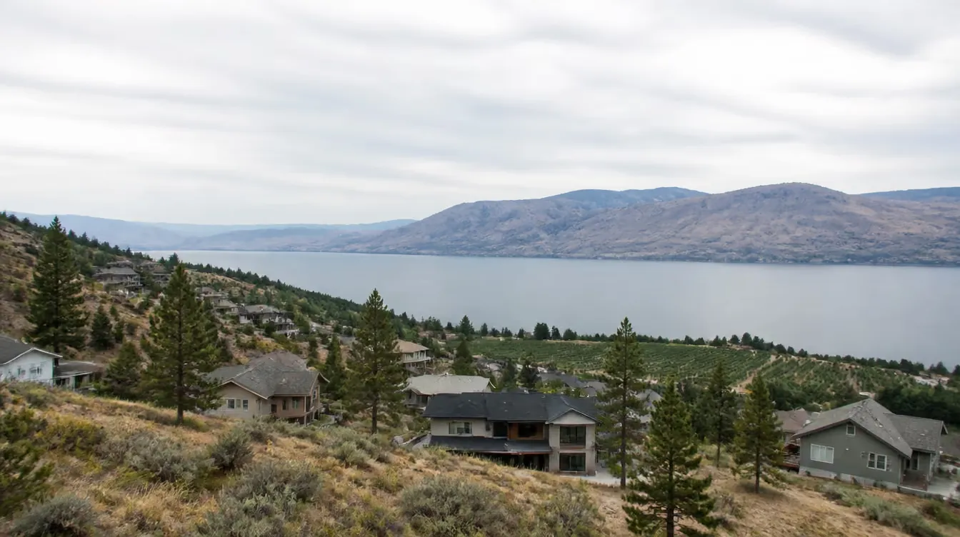 Houses stepping down a dry hillside above Okanagan Lake near West Kelowna
