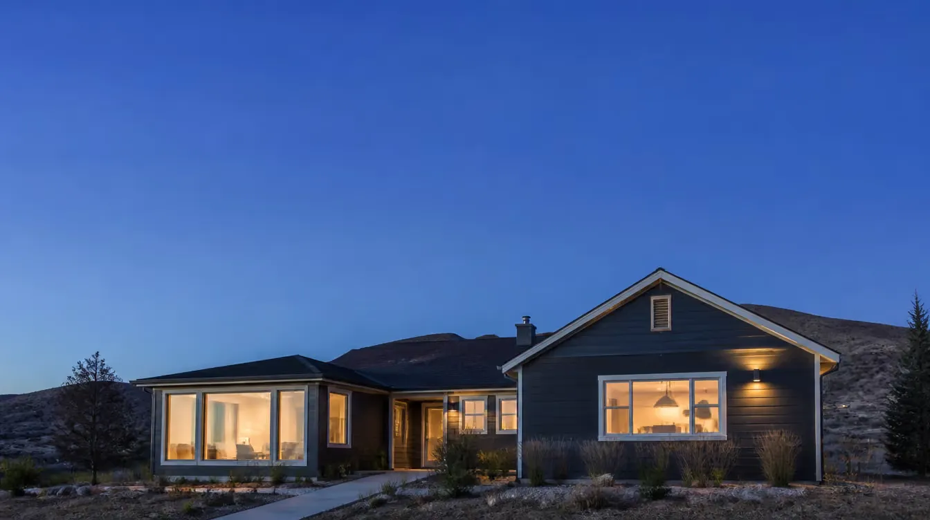 A renovated Okanagan home at dusk with new siding and lit windows