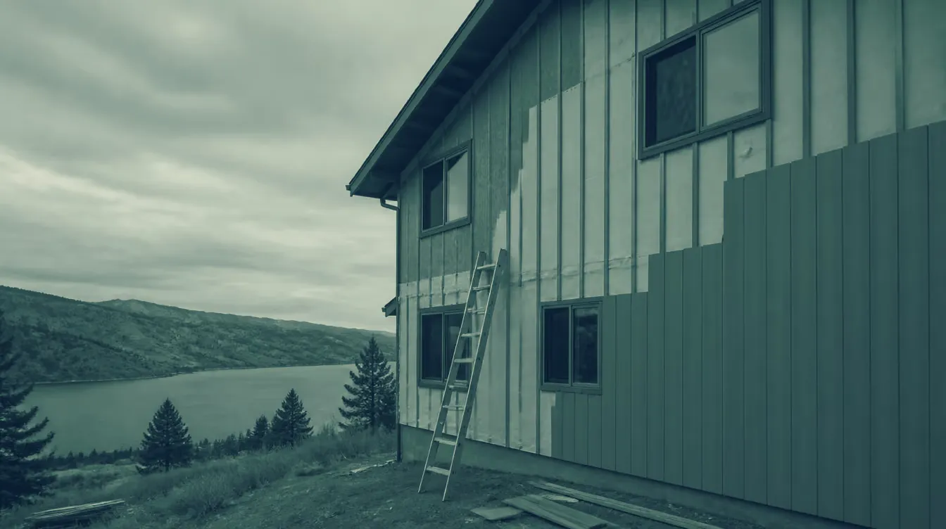 A house on an Okanagan hillside part way through an exterior cladding upgrade, membrane and strapping exposed